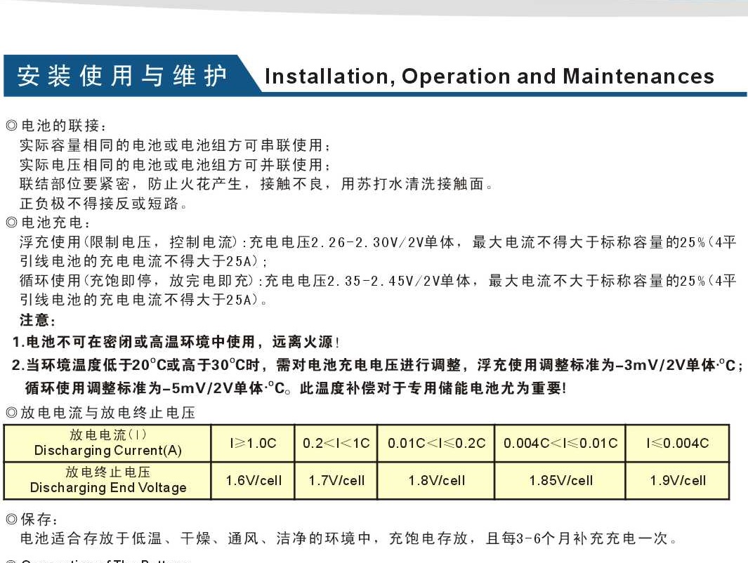 引線式太陽能專用膠體蓄電池安裝使用與維護(hù)